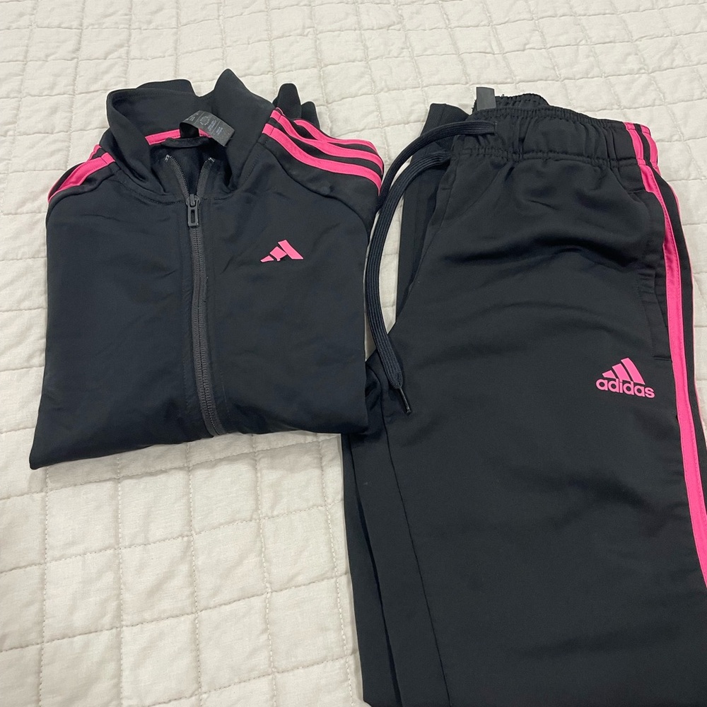 Adidas Black Tracksuit with Pink Stripes
